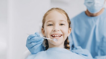 Naklejka premium Smiling child at dentist office with blue uniformed dentist for pediatric oral health checkup