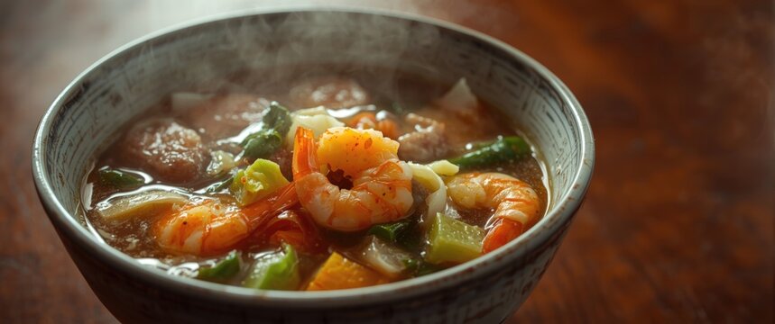 Detailed image of Filipino shrimp soup Sinigang in a bowl