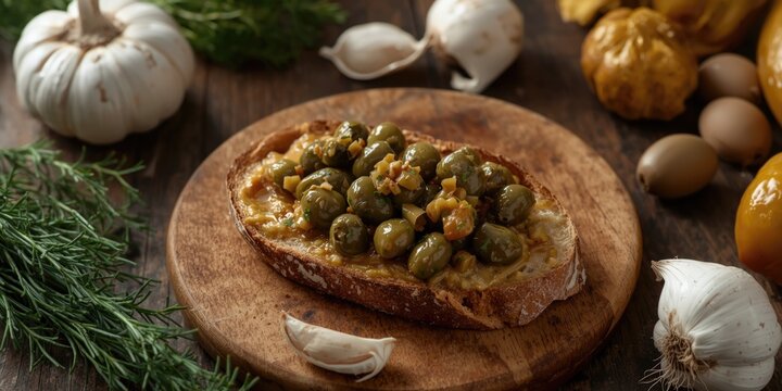 Fresh ingredients surrounding garlic and caper olive tapenade on toasted bread in a cozy rustic scene