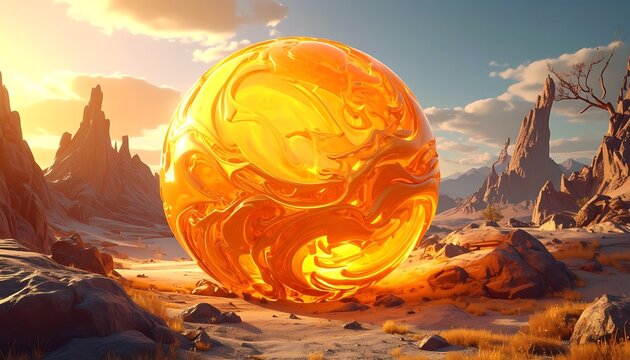A large orange orb with swirling patterns in a desert landscape