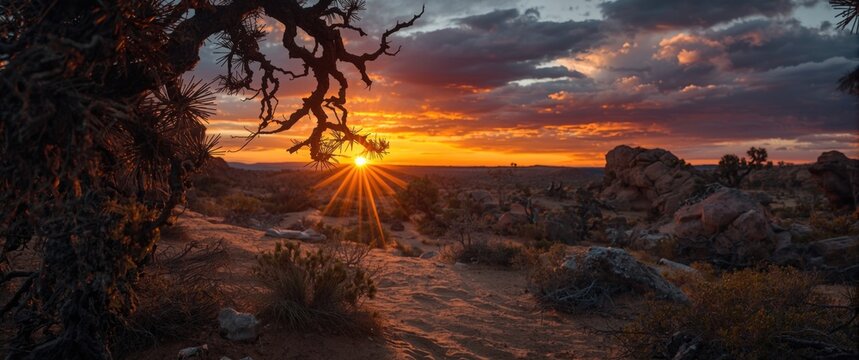 Dramatic desert sunset behind gnarled juniper tree branches and rocky landscape