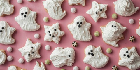 Obraz premium Festive pink backdrop showcasing ghost meringue cookies and a spectrum of candies