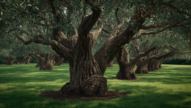Elegant ancient olive trees with rough bark in a green garden