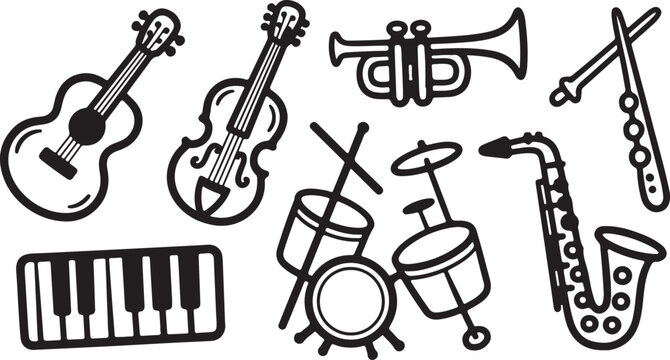 Musical instruments icon set on white background. wind instruments, percussion, string instruments