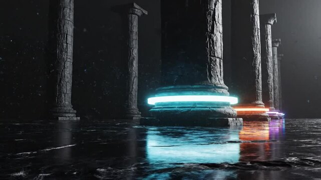 Ancient stone columns stand in a dimly lit hall where modern neon light rings glow to bridge the gap between classical history and futuristic design aesthetics.