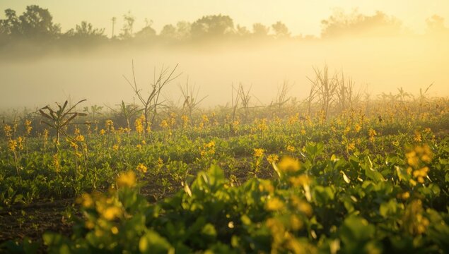 Early morning scene of a prosperous turmeric farm with rich green vegetation
