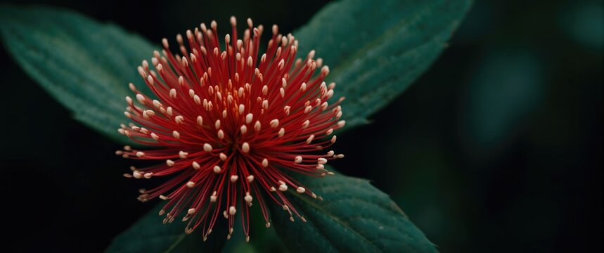 Close-up of Calliandra haematocephala bloom featuring delicate red petals and fresh leaves