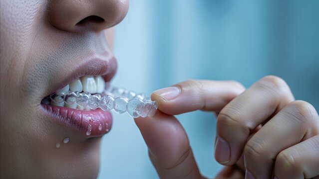 Dental - Woman Inserting Clear Invisalign Aligner Tray Into Mouth With Wet Lips Close Up View