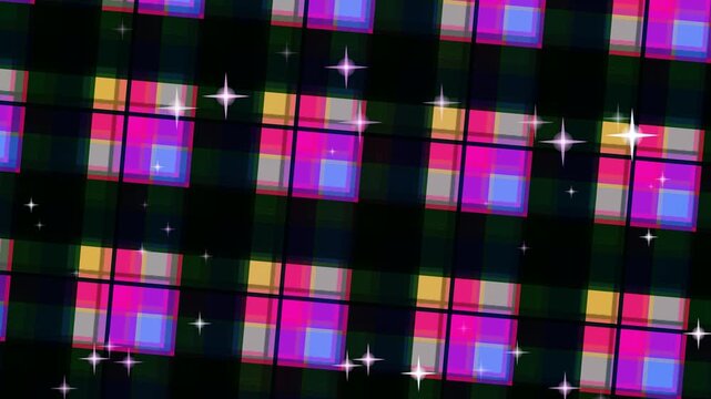 Vibrant colorful squares pattern with sparkling stars on dark background