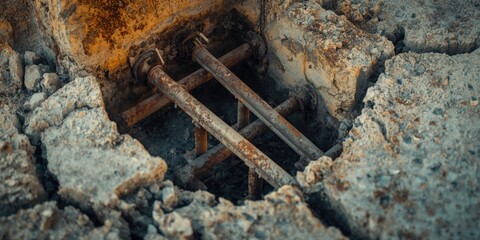 Fototapeta premium Degradation of steel reinforcement due to rust in concrete construction project