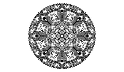 Intricate circular mandala ornament with peacock feather patterns vector © Ziten