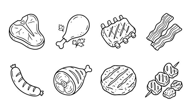 Meat and barbecue outline icon set, steak, sausage and chicken coloring elements