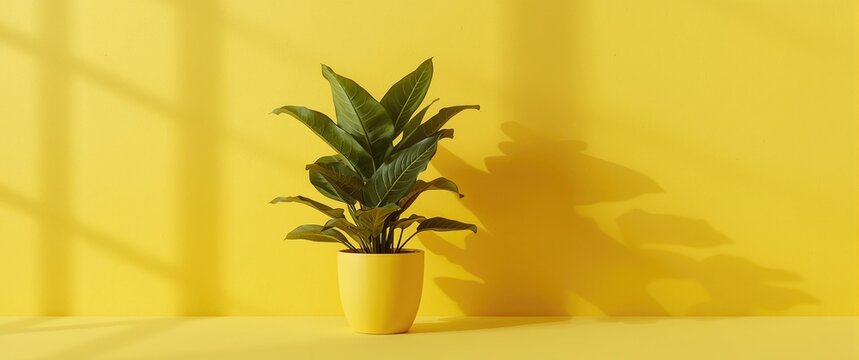 Fiddle leaf fig greenery inside yellow pot resting on luminous yellow wall and copy space