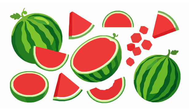 Vibrant watermelon collection, juicy whole, halved and sliced watermelon vector