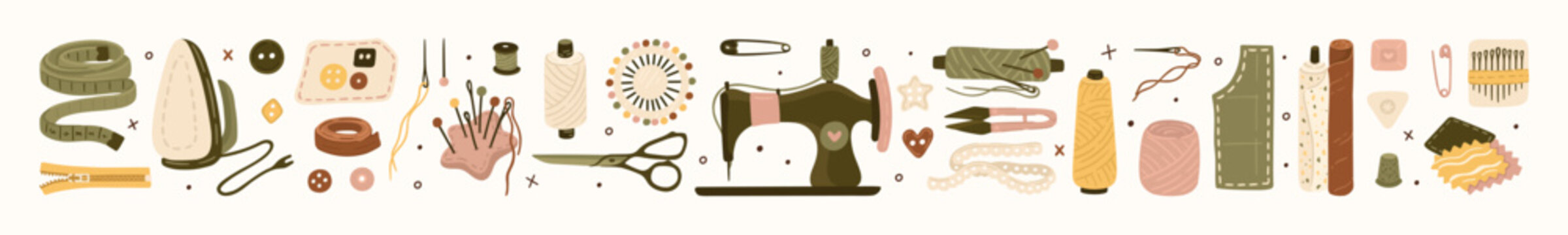 Sewing tools illustration border. Tailoring supplies for tape design. Vector.