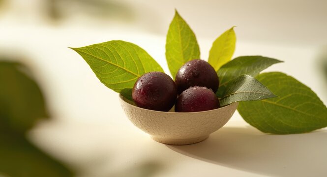 Fresh jamun fruit in a bowl with green leaves on a white background