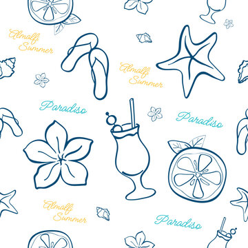 Amalfi Summer Seamless Doodle Pattern with Lemon, Starfish, Slippers, Cocktail, Seashell and Plumeria Flower