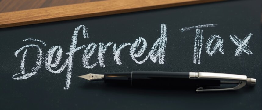 Financial term deferred tax in chalk on blackboard with pen nearby on desk
