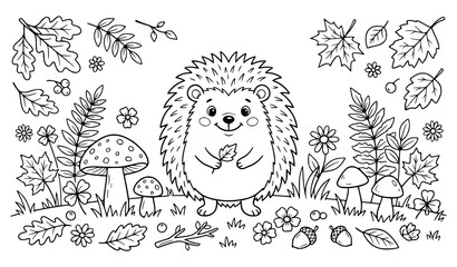 Happy hedgehog in the forest with mushrooms coloring page for kids © Ziten