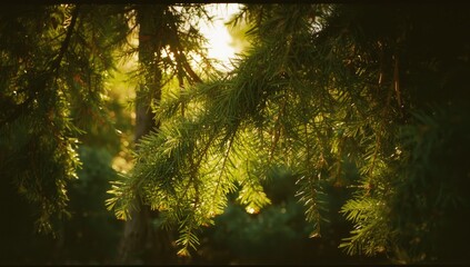Fototapeta premium Golden hour shining on dense pine tree branch emphasizing natural elegance