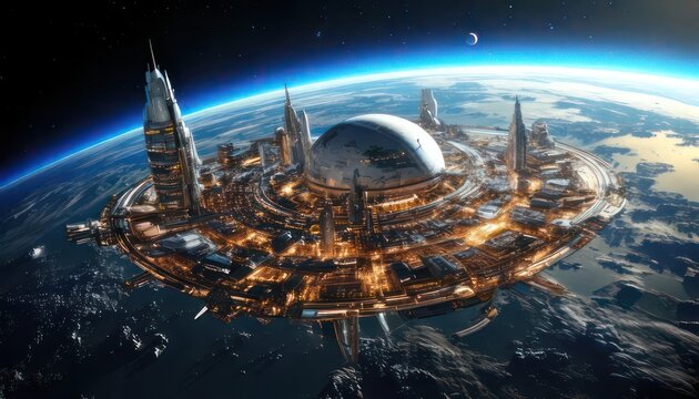 Futuristic Cityscape Floating Above Earth in Outer Space.