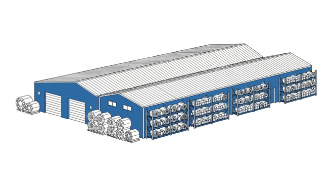 A large industrial warehouse with loading docks and storage racks illustration with a white background