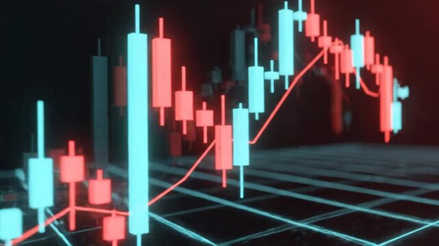 Candlestick charts fluctuate on a digital trading platform to visualize market volatility and financial trends for investors looking to analyze global economic shifts in a high-stakes environment.