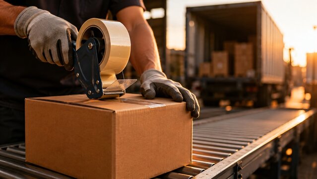 Warehouse man sealing cardboard box with tape dispenser. Worker preparing package for shipment at loading dock. Logistics supply chain, delivery service and freight industry concept.