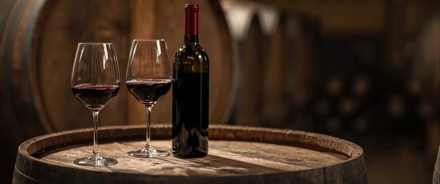 Close focus on red wine glasses and bottle resting atop a weathered wooden barrel in a wine cellar