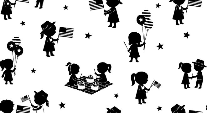 Patriotic children celebrating with flags and balloons