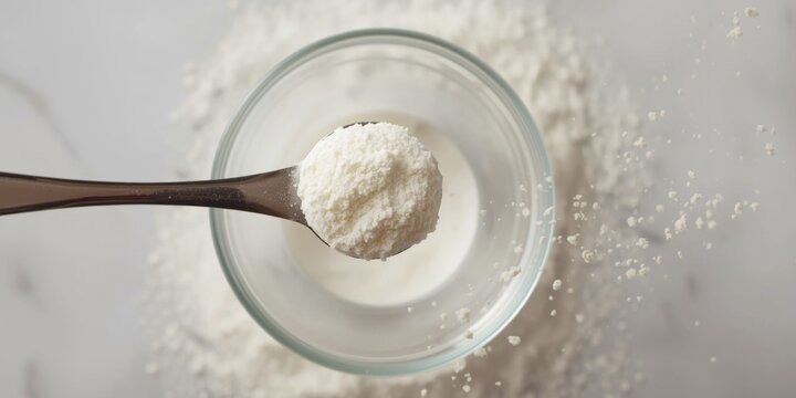 Dairy thickening agent guar gum powder in measuring spoon over glass bowl top view