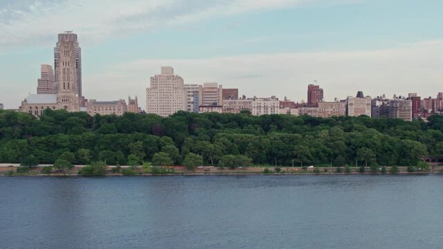 Aerial View of Upper West Side Manhattan Skyline and Riverside Park from the Hudson River