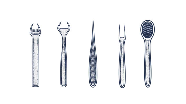 A hand-drawn illustration featuring five tools with dark-blue ink, arranged linearly
