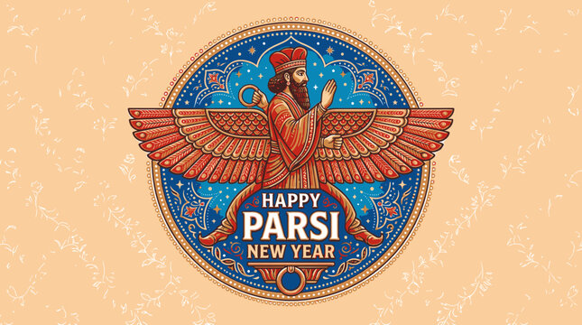 Celebrate Navroz Parsi New Year with this vibrant circular emblem featuring ancient Zoroastrian iconography and celebratory greetings for a joyful cultural observance and festive beginning to