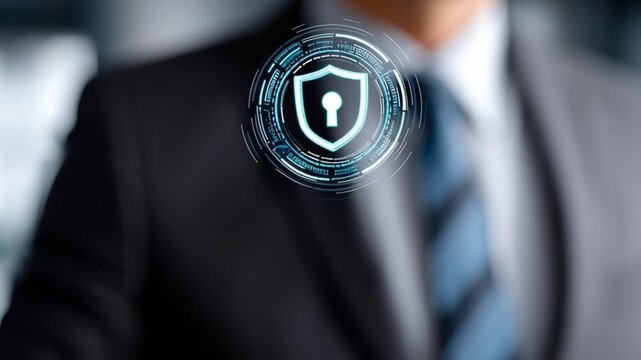 Digital Security Shield: A businessman in a suit displays a glowing digital shield icon with a keyhole, symbolizing data protection and cybersecurity.