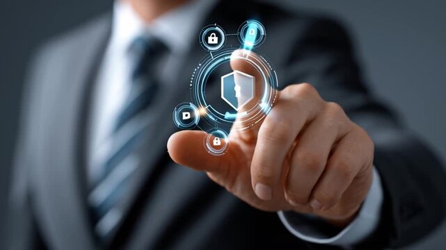 Cyber Security Interface: A businessman in a suit is touching a futuristic interface displaying a shield icon, representing digital security and data protection.