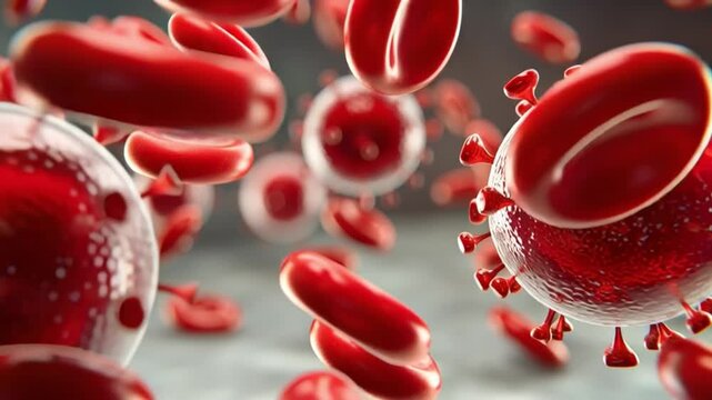 Red Blood Cell Microscopic View: A detailed, abstract representation of red blood cells in a microscopic view, showcasing their biconcave shape and smooth surface.