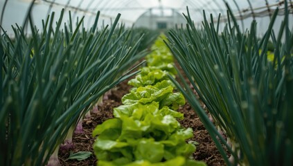 Obraz premium Close-up capture of vigorous leeks onions and fresh lettuce thriving in organic low tunnel greenhouses