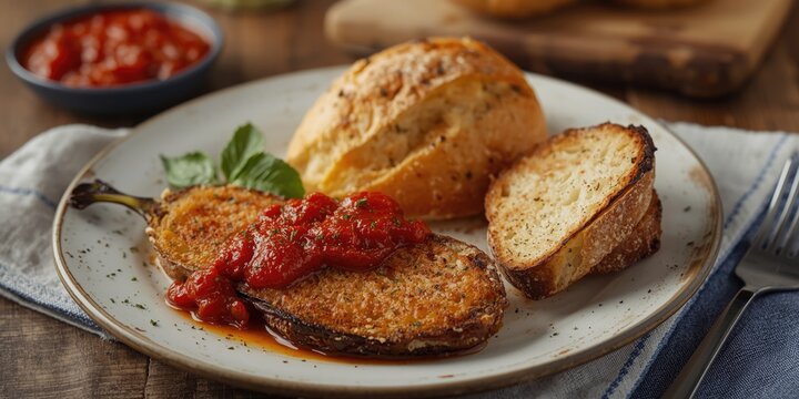 Crisp breaded eggplant paired with spiced tomato sauce and buttery challah bread