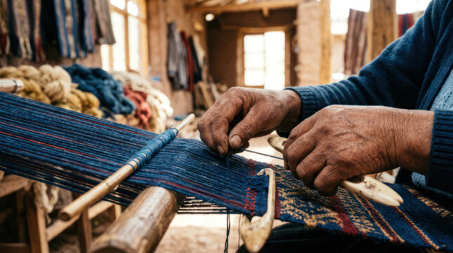 Closeup of Weavers Hands Working on Loom with Blue Threads.
