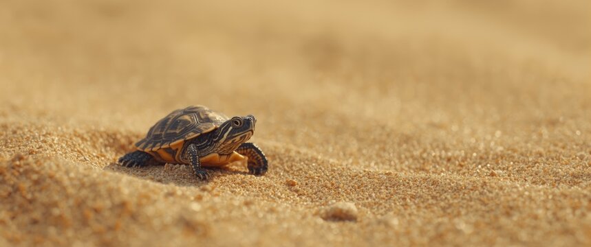 Content tiny turtle moving over soft sand after emerging with copyspace for text