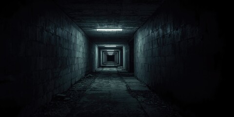 Fototapeta premium Gloomy passage in deserted Soviet underground bunker featuring ominous atmosphere