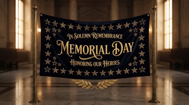 Memorial Day banner honoring heroes with stars and laurel wreath in solemn remembrance