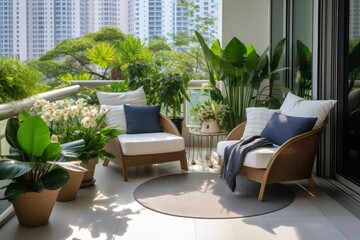 Obraz premium Comfortable furniture and lush plants inviting relaxation on an apartment balcony