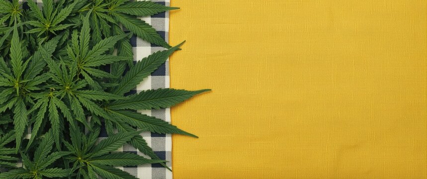 Green marijuana leaves on checkered picnic cloth with natural yellow fabric backdrop and copy space