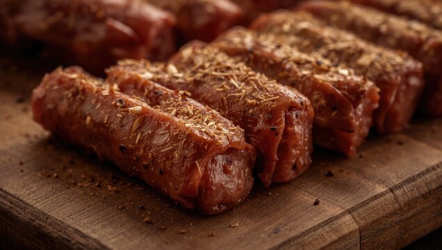 Closeup of freshly prepared mici meat rolls seasoned with spices