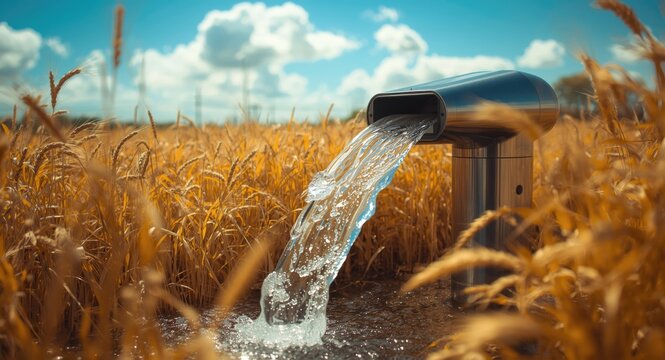 Crystal clear water flowing steadily from a solar powered tube well in vibrant wheat fields