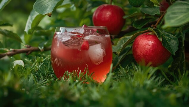 Glass of rose apple cider served beside ripe red apples hanging on green apple tree
