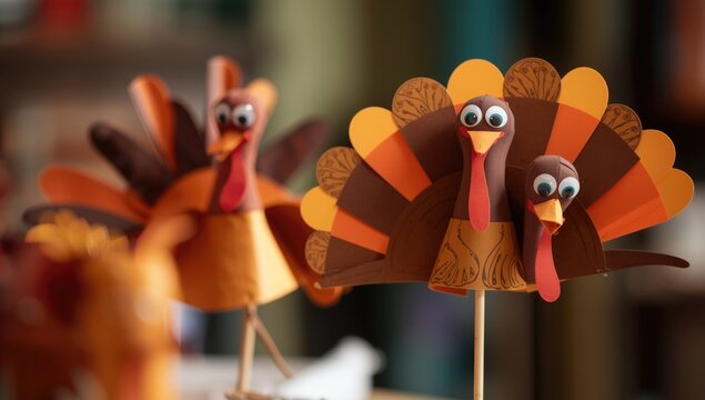 Creative children s art activity crafting paper bookmark turkeys alongside puppet turkeys with sticks