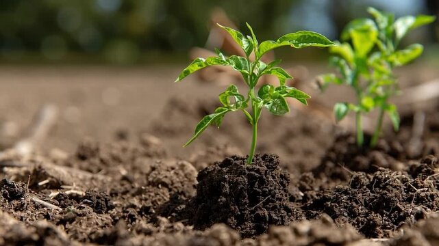 Seedling in Soil: A young seedling sprouts from fertile soil, symbolizing new beginnings and growth in the natural world.